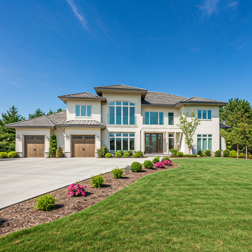 Large upper-middle class suburban home with manicured lawn and modern finishes