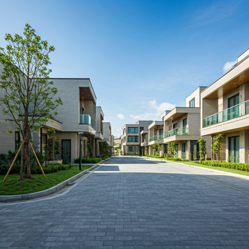 Well-manicured suburban street with contemporary architecture